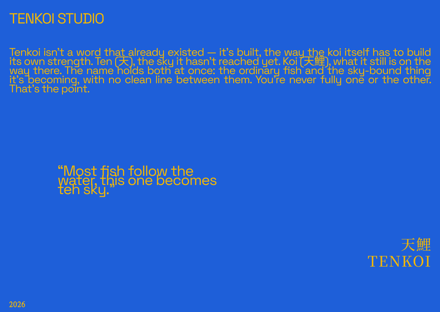 Tenkoi Studio — Brand story on cobalt blue